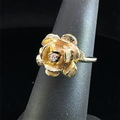 14K Yellow Gold Rose Flower Ring .01ct Single Cut Diamond Size 4.5 4.0g